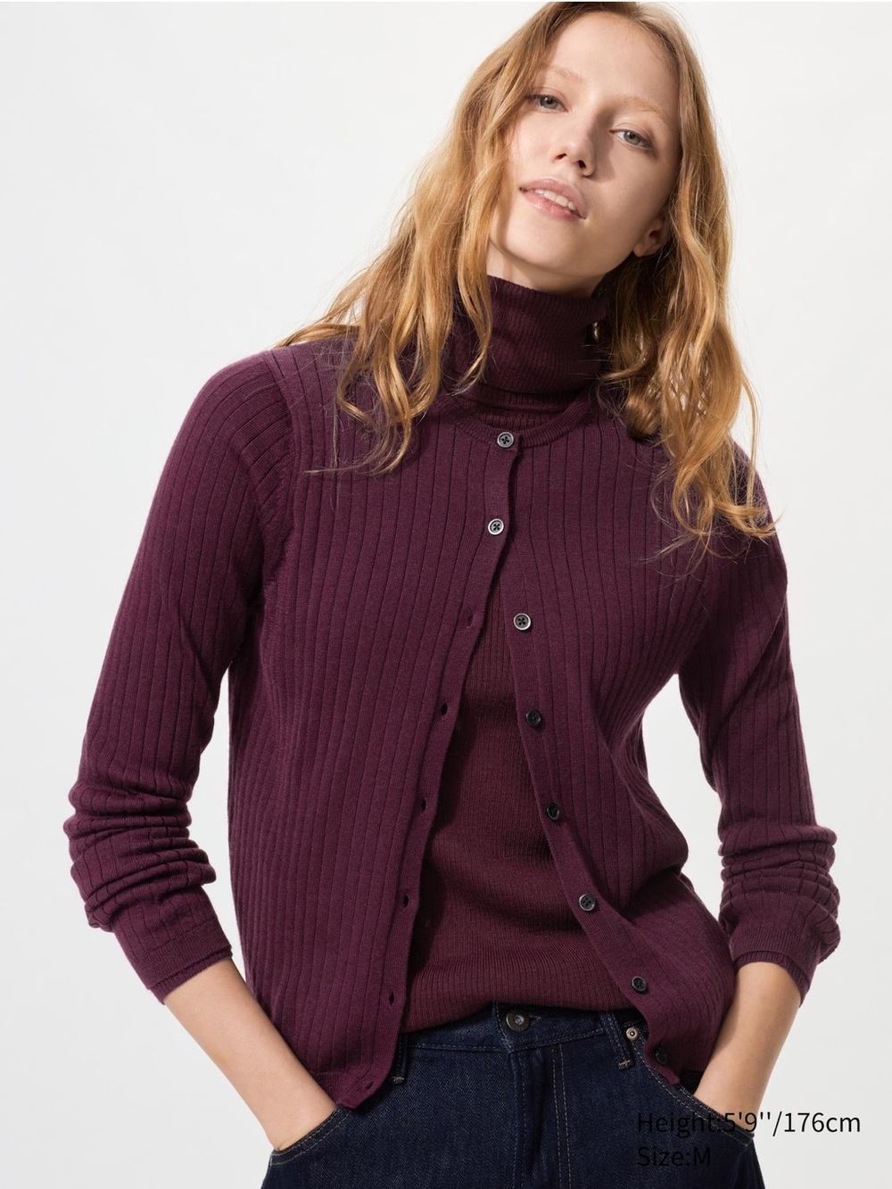 UNIQLO Burgundy Wine Merino Wool Ribbed Short Cardigan Size Small